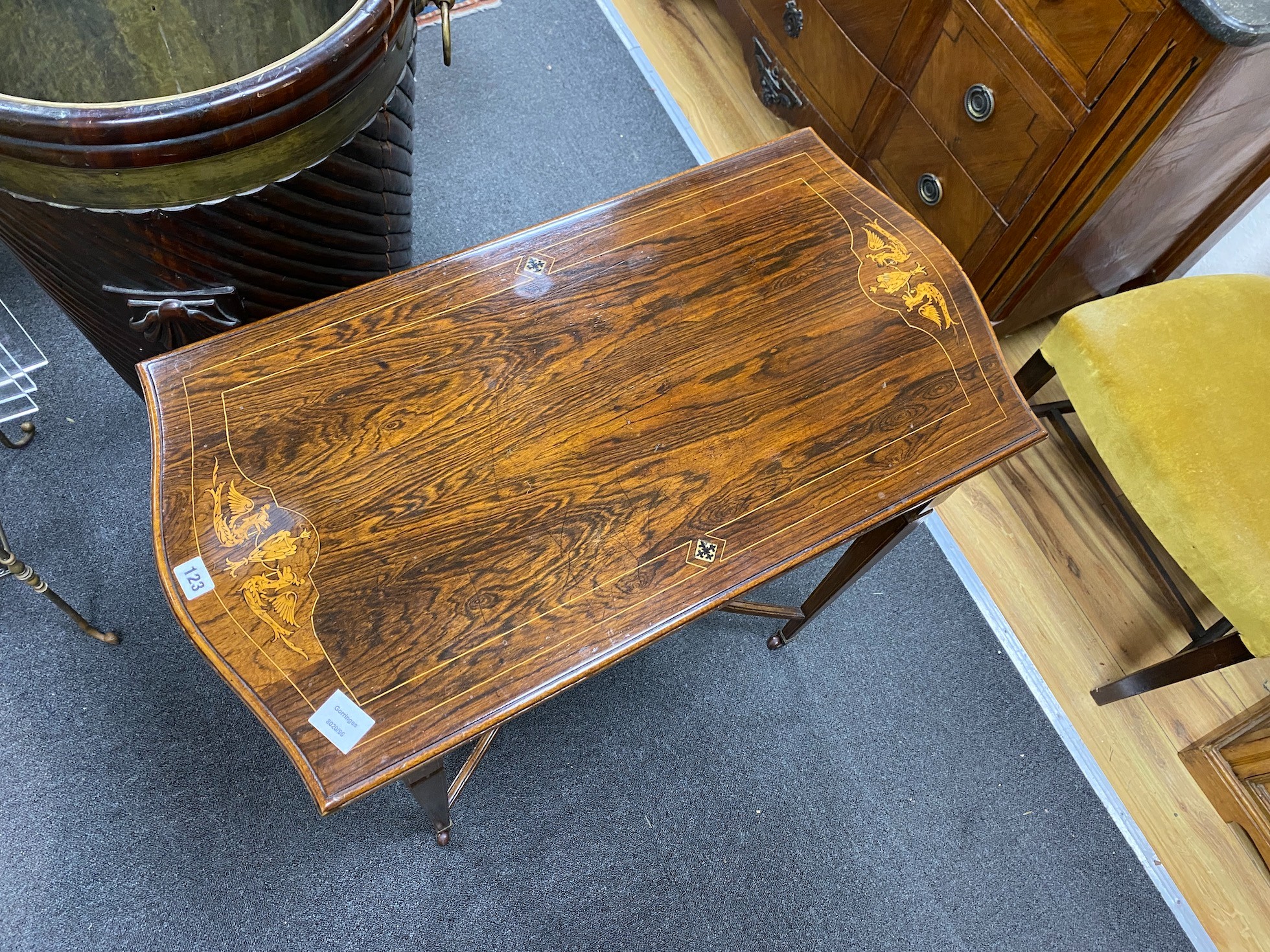 An Edwardian rosewood and marquetry inlaid centre table, width 84cm, depth 44cm, height 71cm